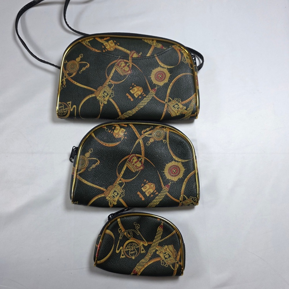 Vintage 3pc Equestrian Crown Print Crossbody Bag and Cosmetic Pouch Set Black